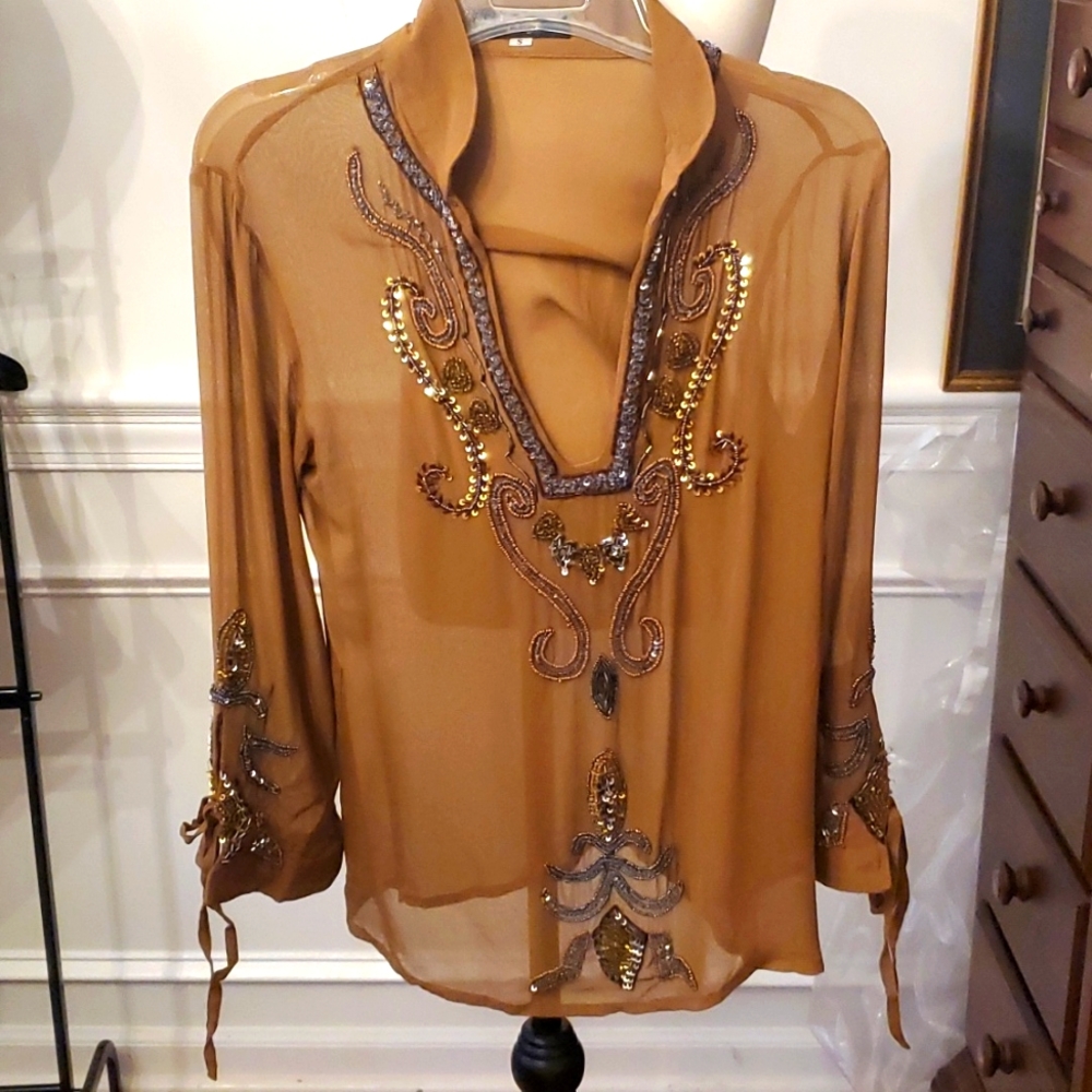 Fray sheer bead embellished long sleeve blouse